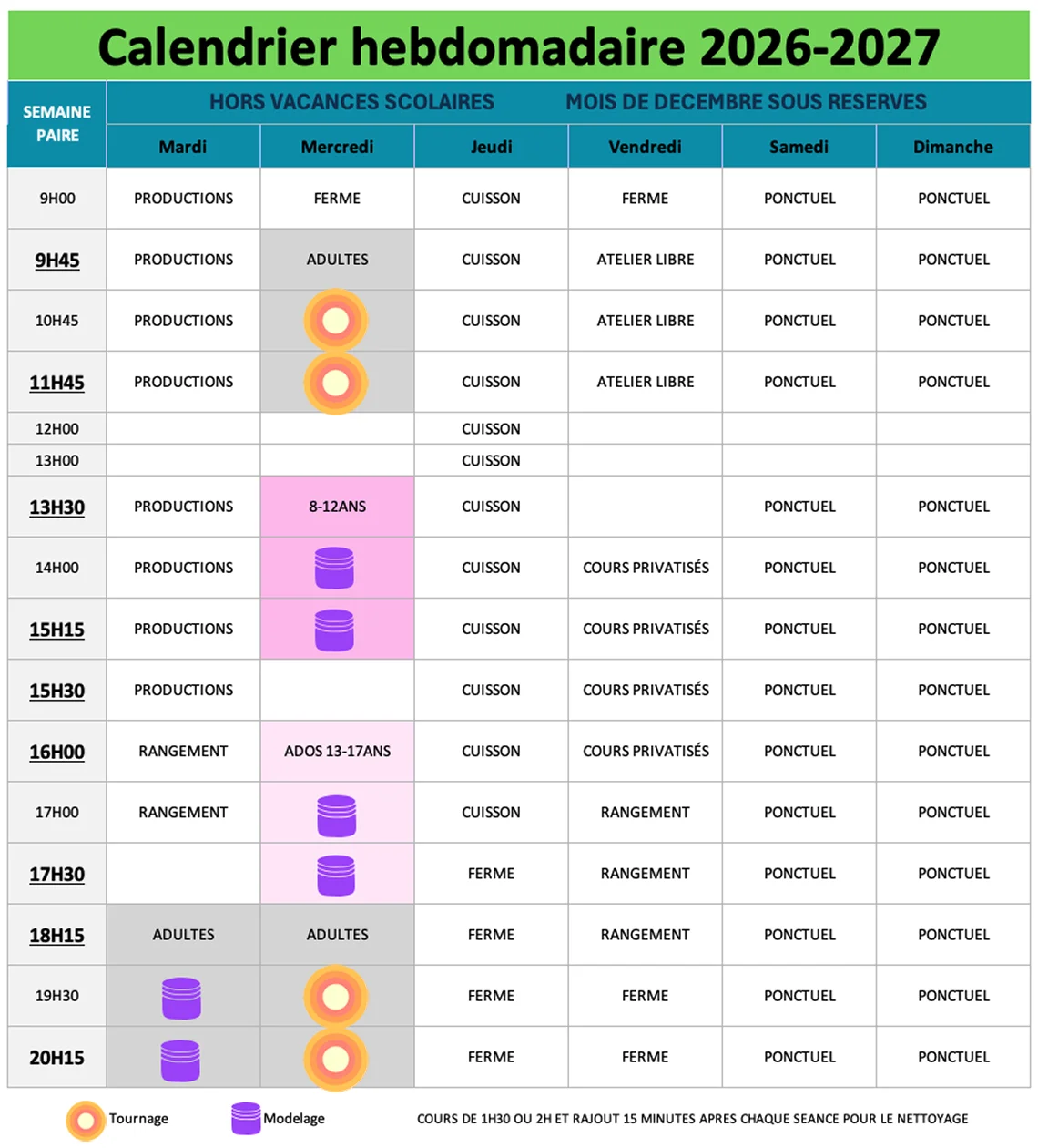 Calendrier des cours semaines impaires 2026-2027