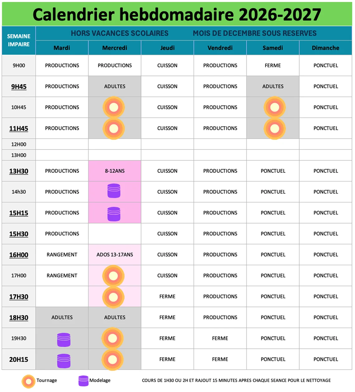 Calendrier des cours semaines paires 2026-2027